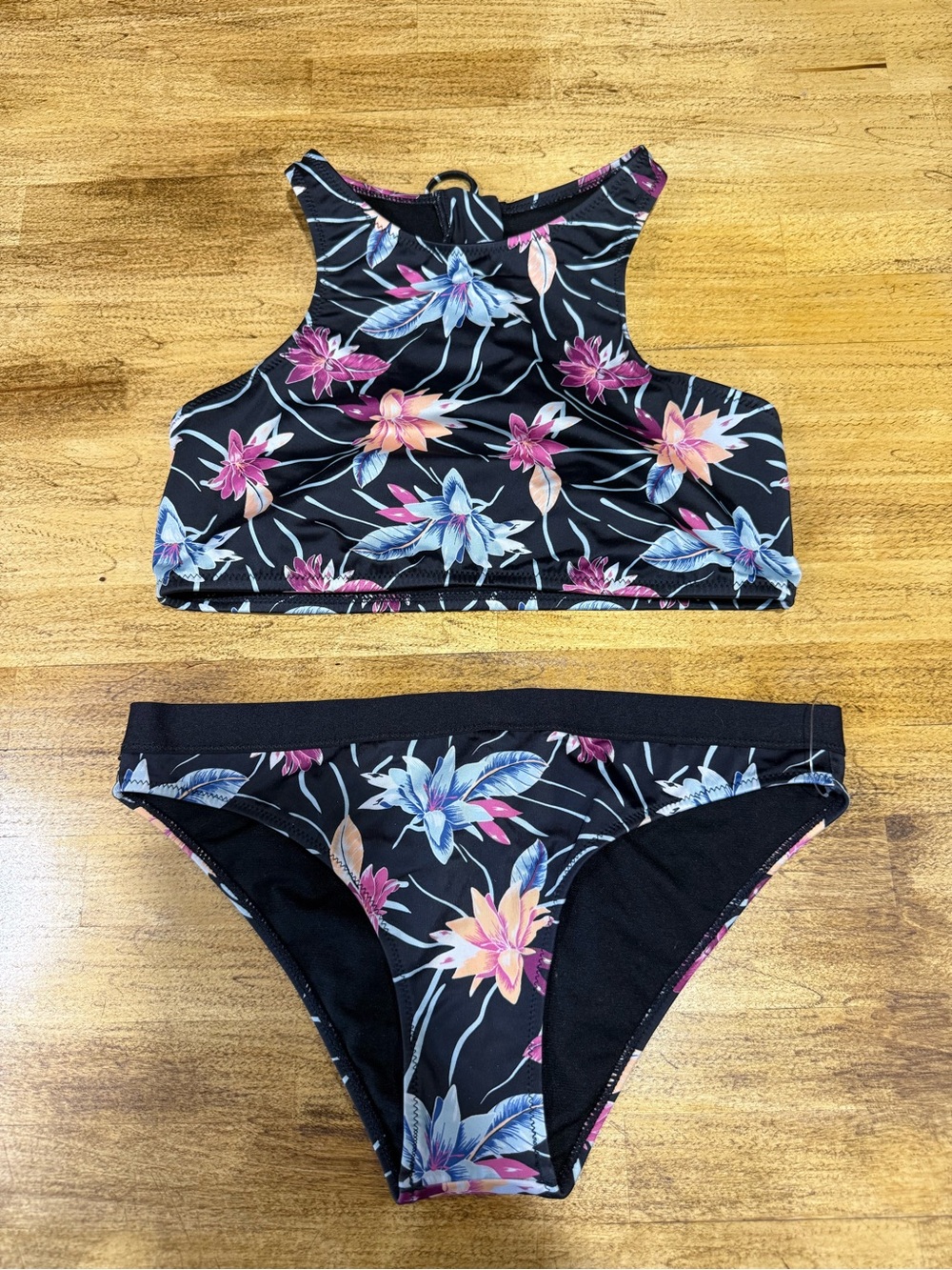 Roxy Black Floral High-Neck Girls Bikini Set